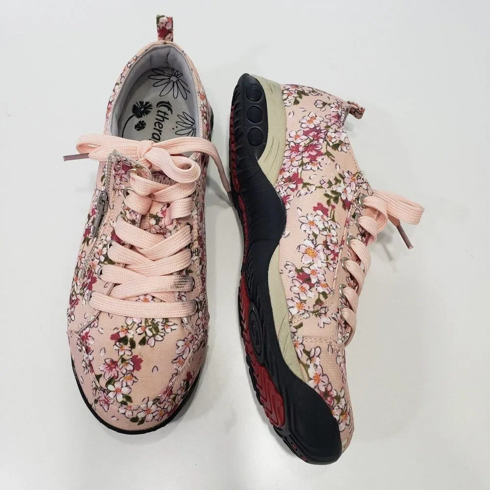 Therafit Floral Athletic Shoes Size 8 Women Pink Zip Cute Comfort - Picture 2 of 9